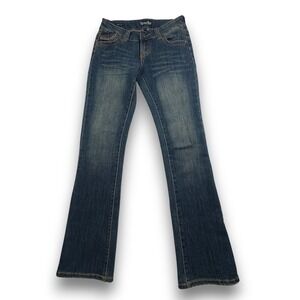 Karma Blue Womens Dark Wash Embroidered Flap Pocket Bootcut Jeans Size 7